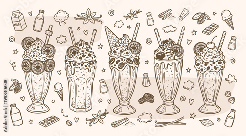 American Drink Vintage 1930s Rubber Hose Style Milkshake Overload and Extreme Freakshake Doodle Set