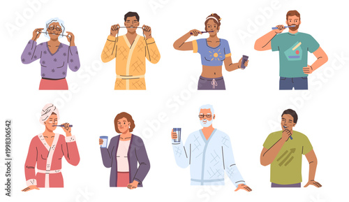 People brushing teeth, isolated oral protection routine of cartoon characters. Vector toothpaste and toothbrush, dental floss and mouthwash clean procedure. Morning whitening or daily wash