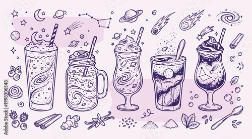 American Drink Vintage 1930s Rubber Hose Style Galaxi Smoothie and Celestial Space Drink Doodle Set