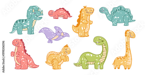 Cute jurassic dinosaurs set, isolated smiling extinct reptiles. Vector kiddish prehistorical dino draws. Strgozaurus and pelosaurus, triceratops and ankylosaurus, tyrannosaurus and pterodactylus