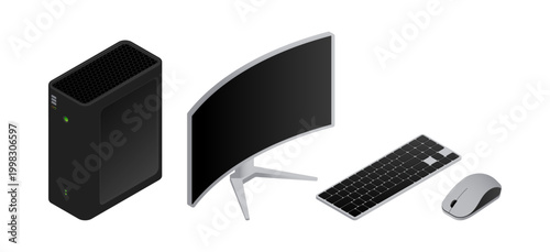 Desktop computer. Vector isolated system unit and widescreen monitor, standard keyboard and optical mouse. Office or home computing and productivity, IT infrastructure and digital work environments