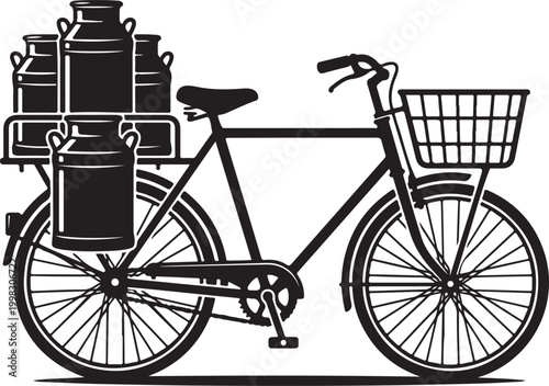 Traditional Bicycle with Milk Cans, Rural Dairy Delivery Bike Vector Silhouette Isolated on White Background
