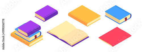 Open and closed textbook and notebook. Vector isometric publications set. Academic education and studying, reading and knowledge accumulation. School or university elements, learning and education