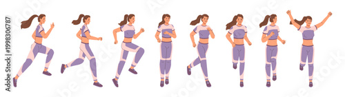 Running active woman wearing sport suit warming up. Vector in flat style, isolated jogging lady, healthy lifestyle of girl. Athlete preparing for marathon run, young strong female personage