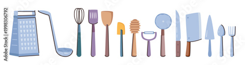 Kitchen utensils and tools for grating, chopping and beating foods. Vector isolated grater and spatula, pizza and meat knives, ladle and whisk. Kitchenware for serving and cooking meal dishes