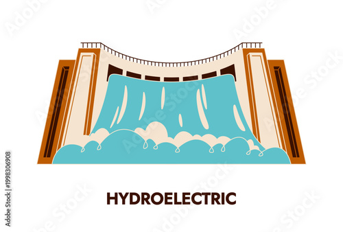 Alternative source or energy, renewable hydropower of hydroelectric power plant. Vector isolated facility generating electricity by falling with water, environmental care. Dammed river elevation