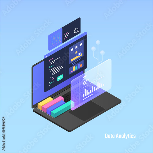 Data analytics representation. Vector laptop with charts and graphs, dashboards and numerical indicators. Dataset flow, processing algorithms and metrics. Financial analysis and AI driven decision