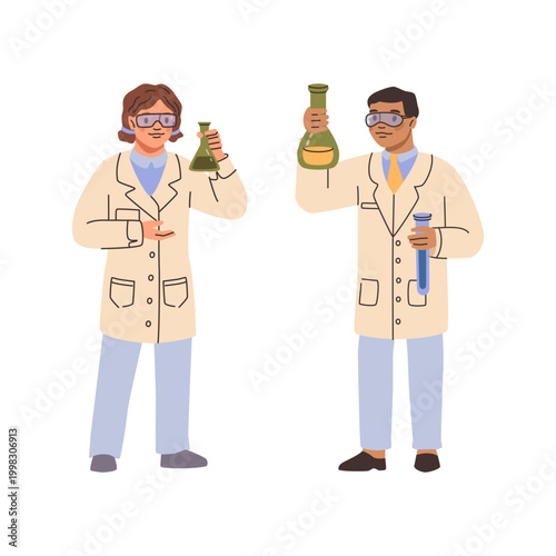 Young scientists, children dressed in gowns and special protective glasses work with chemical flasks. Vector conducting experiments, making observations and learning about various scientific concepts