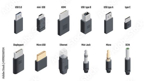 Isometric ports and cables set. Vector isolated plugs of USB and DCIM, mini and HDMI, DisplayPort and Micro, ethernet and minijack connectors. Electronic interface, device connection and data transfer