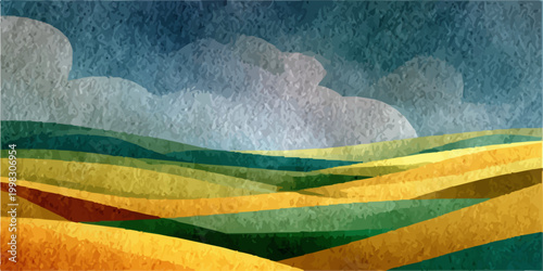 Vivid abstract landscape featuring gently rolling green and golden fields under a textured blue sky, evoking a serene rural environment with an artistic watercolor style