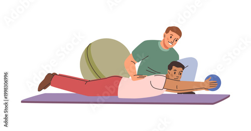Fitness and sports helping to gain mobility and strengthen muscles from injury or trauma. Vector isolated flat, male character nurse helping, massage and professional physiotherapy for disabled