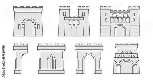 Architectural icons set. Vector isolated medieval gatehouses, towers and fortress walls with arched doors in monochrome line style. Interface design, world maps and fantasy digital art elements