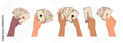 Hands holding aces and number cards combinations, isolated arms with open playing decks. Vector gambling. Poker and bridge, uno and blackjack. Casino or party games. Having fun and leisure