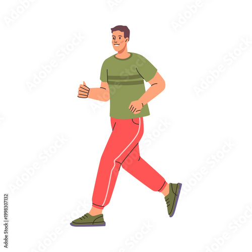 Male cartoon character running in sports suit. Vector isolated man jogging and training for marathon. Keeping active and healthy lifestyle, being fit and slim. Motion and workout in morning