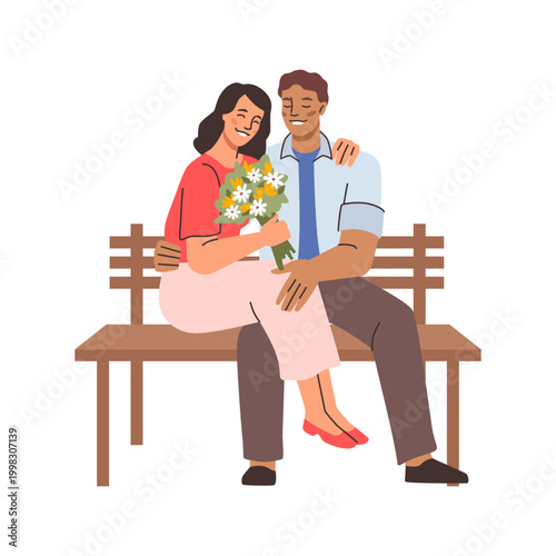 Boyfriend and girlfriend sitting on bench and hugging, isolated people in love on date. Vector male and female cartoon characters dating. Man and woman couple resting, beloved people on weekend