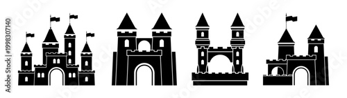 Castle icons silhouettes set. Vector isolated towers and gatehouses collection in monochrome style. Medieval structures with arches and flags. Fantasy world building and app game design