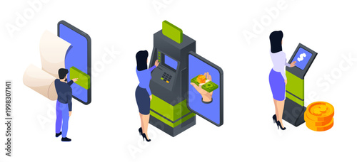 People using ATMs and terminals to deposit, withdraw or transfer money. Vector phone payments and cash handling, digital interfaces and banking operations. Online finance and secure transactions