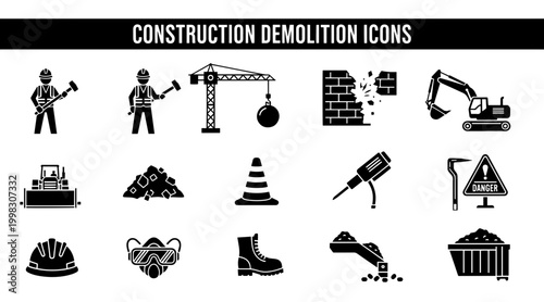 Construction Demolition Icons in Minimalist Style with Industrial Mood