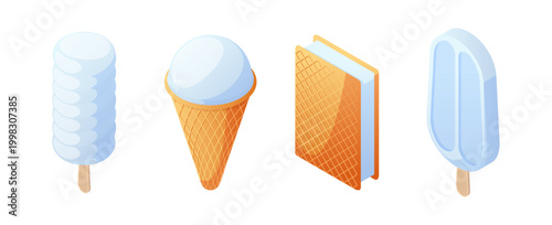 Vanilla ice cream in various forms. Vector isometric gelatos in popsicle, cone and wafer sandwich, cylinder and oval shaped. Summer desserts with creamy texture. Food, packaging and menus design