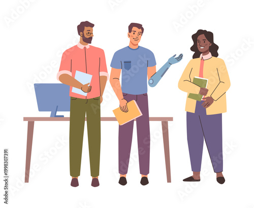 Business meeting and teamwork of people with disabilities. Vector characters of different ethnic and cultural groups working. Inclusive coworkers in office. Planning, workflow and time management
