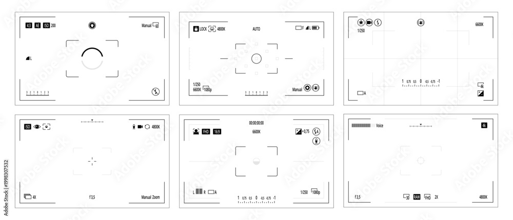 Fototapeta premium Camera UI screen layout icons. Vector interface elements set. Focus frames, settings grids and control panels. Photography apps and tech presentations, UI design projects and instruction manuals