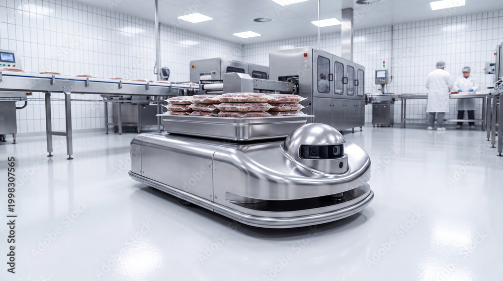 Obraz premium Autonomous stainless steel robot delivering packaged food in automated food processing factory