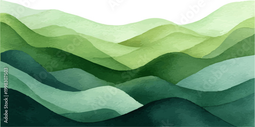 Watercolor landscape painting featuring overlapping green hills and mountain ranges in varying shades, creating a serene, minimalist backdrop with a calming and earthy aesthetic