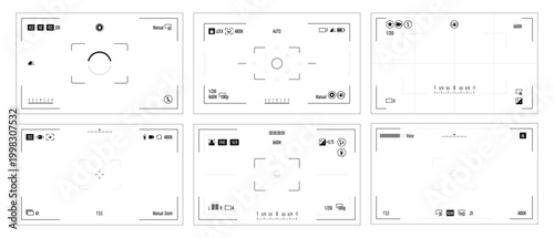 Camera UI screen layout icons. Vector interface elements set. Focus frames, settings grids and control panels. Photography apps and tech presentations, UI design projects and instruction manuals