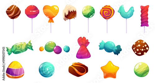 Sweets and desserts, candies and lollipops. Vector isolated set of tasty meal and food snacks. Isometric pralines and bonbons. Variety and diversity of confections. Kids party or dessert store