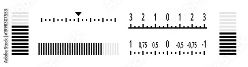 Camera interface elements, set of exposure scale bars. Vector shutter steps and metering progress indicators. Numeric tick marks. App UI design, educational charts or technical exposure balancing