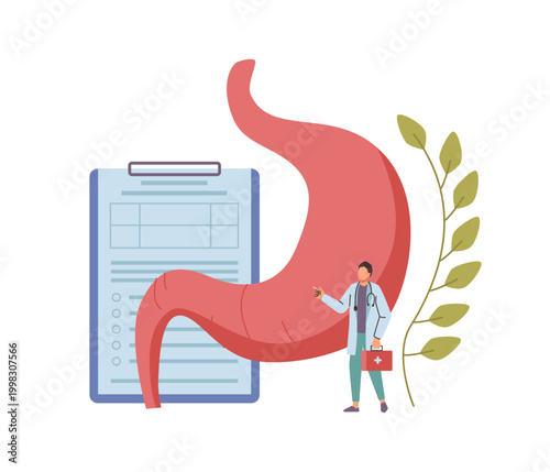 Health care and treatment, little doctor with bag standing near to big stomach. Vector specialist assessing for digestive or abdominal organ issues. Detect ulcers, gastritis or viscera enlargement