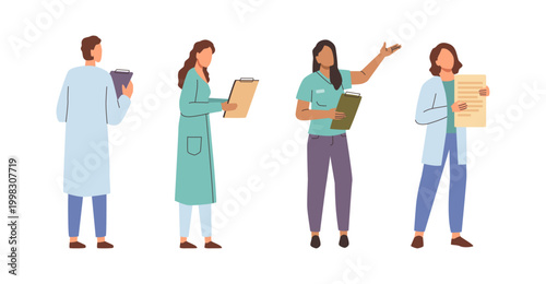 Therapists or physicians with notepads taking notes in clinics or hospitals. Vector isolated professional nurse or cardiologist treating patients from diseases. Health care and treatment