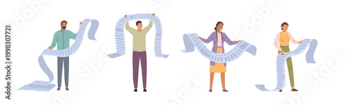 Electronic bills or receipts and small people. Vector isolated characters with tax payment notice, roll of paper with invoice for service. Shopping list or accounting information from bank