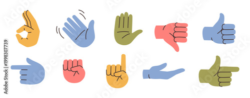 Hand gestures, modern palm doodles. Vector isolated set of gesturing arms. Okay and stop, thumb up and down, like or dislike, ask give or take, pointing and showing finger, destination sign