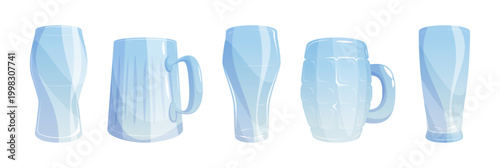 Empty beer glasses with handles, isolated isometric mugs for alcoholic beverage. Vector bar or pub tankards for drink. Barware advertising or menu design in brewery, product packaging