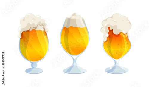 Shiny beer glasses set with foam crown. Vector isolated cartoon mugs with golden alcoholic drink. Different shaped tankards with foamy lager. Oktoberfest posters or alcohol product presentations
