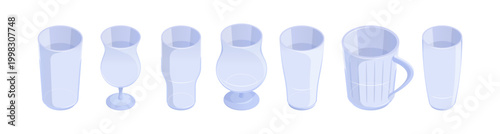 Glassware for beverages, isolated glass cups for drinks and cocktails. Vector mugs with handle, pint for beer, shot for vodka, martini and glacee. Restaurant and home shiny clean crystal dish