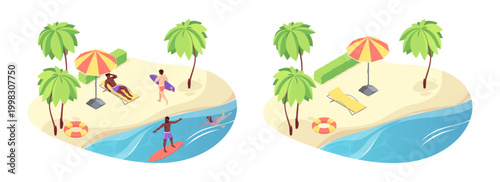 Empty and crowded beaches with trees, bushes and umbrellas. Vector isometric seacoasts with people sunbathing and relaxing. Travel and summer holidays. Leisure activities and resting