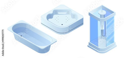 Bathroom interior elements. Vector isometric bathtub filled with water, shower cabin and base. Plumbing, sanitary equipment and home design. Infographics and presentations, web and construction