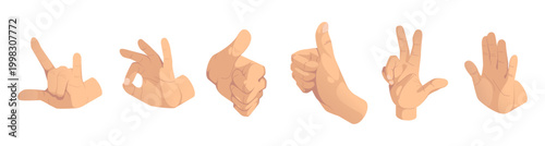 Hands showing thumb up and stop sign, OK and various finger combinations. Vector isolated gestures for communication, instruction and expression. Isometric design for UI elements and digital art