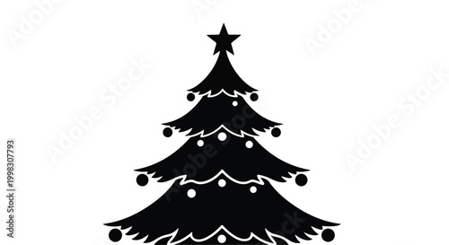 Minimalist Black and White Christmas Tree Silhouette with Ornaments and Star Topper for Holiday Decor