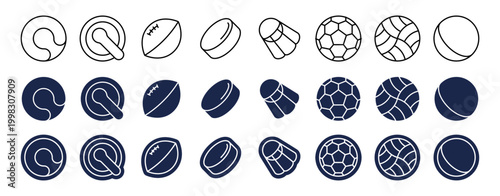 Sports ball icons in different shapes and styles. Vector collection of footballs and golfs, tennis and billiards, hockey and basketballs. Leisure and activities, sportive events and competition
