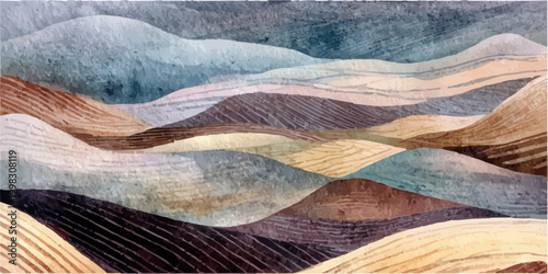 Abstract watercolor landscape showing rolling hills and valleys in a serene, earthy color palette, creating a calm and peaceful natural scene