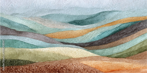 Soft abstract watercolor landscape of layered hills and mountains in muted earthy pastels, gentle brushstrokes and textures creating a serene, minimalist panoramic vista
