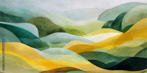 Abstract watercolor landscape featuring gently rolling hills and undulating fields in serene shades of green and golden yellow, creating a calming panoramic view