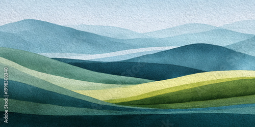 Abstract watercolor landscape showing rolling green hills and layered blue mountains fading into the distance, conveying serenity, nature, and panoramic views