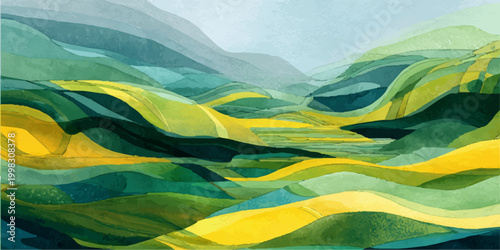 Abstract watercolor landscape showing rolling hills and valleys in varying shades of green, yellow, and blue, creating a peaceful and artistic natural scene