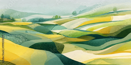 Abstract watercolor landscape of rolling green and yellow hills, peaceful rural fields and meadows evoking agriculture, growth, sustainability and tranquil natural harmony