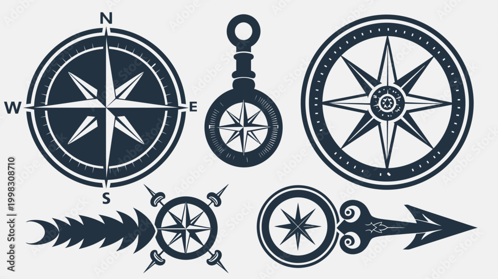 Fototapeta premium Vector collection of compass icons. Nautical themed, decorative arrows, and direction indicators