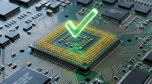 Close-up of CPU with green checkmark on circuit board, technology concept